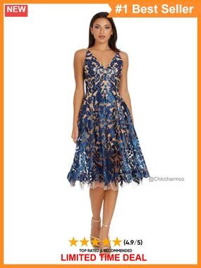 Sequin Baroque Lace Plunging V-Neck Midi Fit & Flare Dress Sleeveless